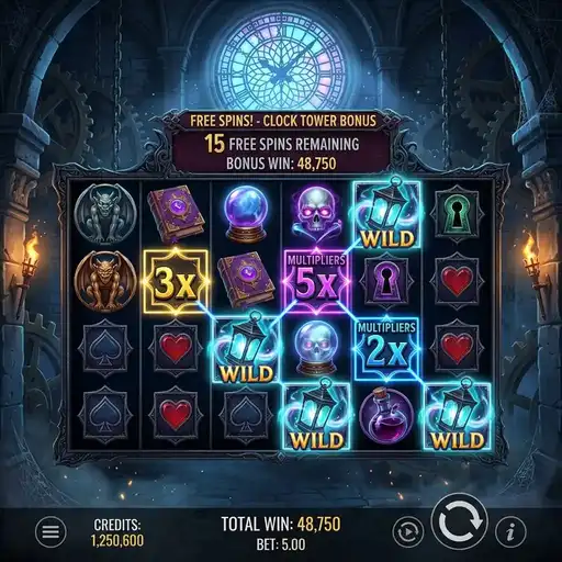 Mysterious free spins mystery symbols revealing matching gothic symbols dark atmosphere mist transformation