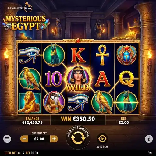 Mysterious Egypt slot 5x3 grid 10 paylines Egyptian mystery symbols expanding hieroglyphs tomb setting