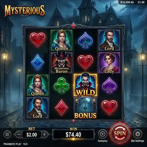 Mysterious slot 5x4 grid 40 paylines gothic dark theme mystery symbol transformation forced matching