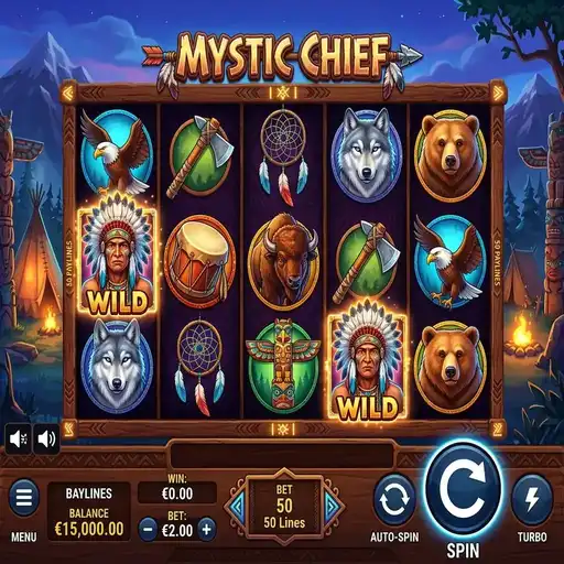 Mystic Chief slot with tribal symbols and 25 fixed paylines