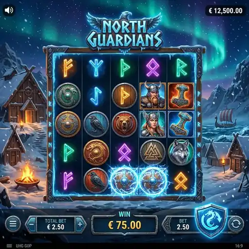 North Guardians slot base game with Norse guardian symbols
