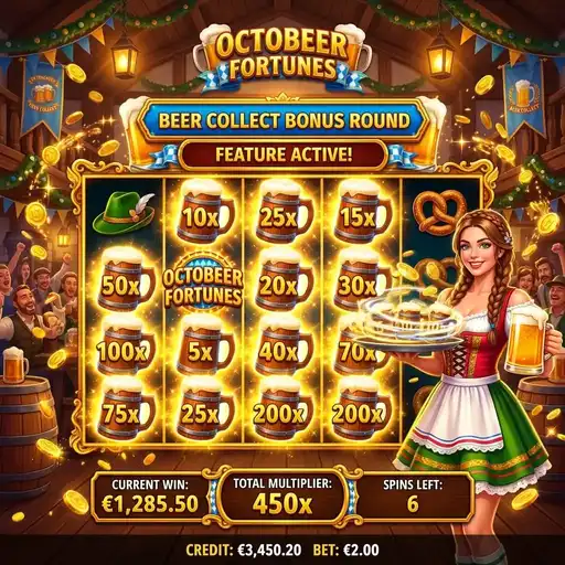 Octobeer Fortunes Hold and Spin beer stein meter full money symbols locked pretzels Bavarian decorations