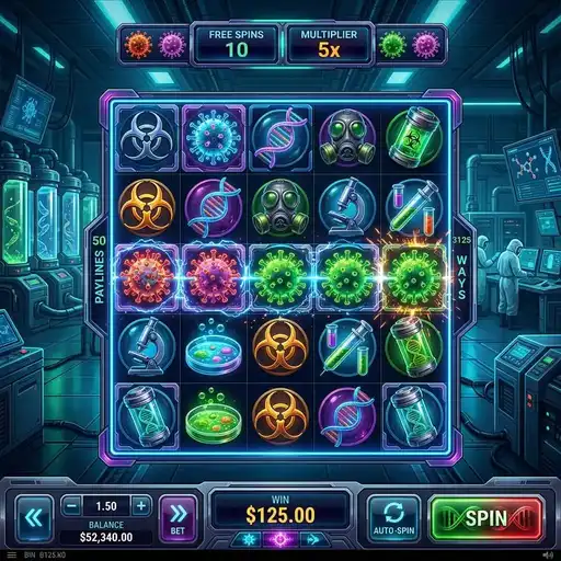 Pandemic Rising base game with sci-fi bio symbols and 50 fixed paylines