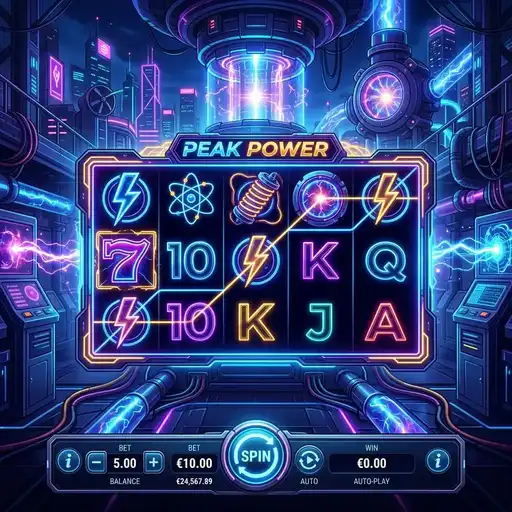 Peak Power slot base game with mountain climbing symbols and 50 paylines