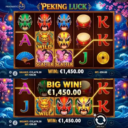 Peking Luck slot with Chinese opera symbols and fixed paylines