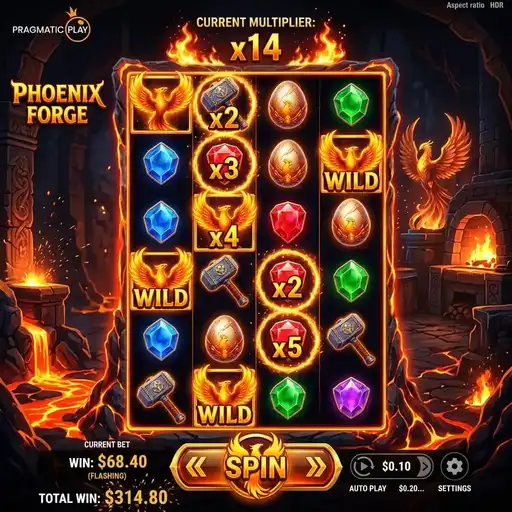 Phoenix Forge slot 6x4 grid 4096 ways cascading tumble wild inferno fire spreading phoenix theme