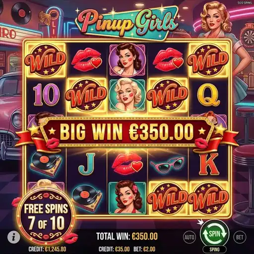 Pinup Girls free spins with 3x multiplier active and retro jukebox symbols