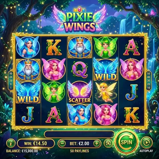Pixie Wings slot with four pixie character reel modification powers on 50-payline grid