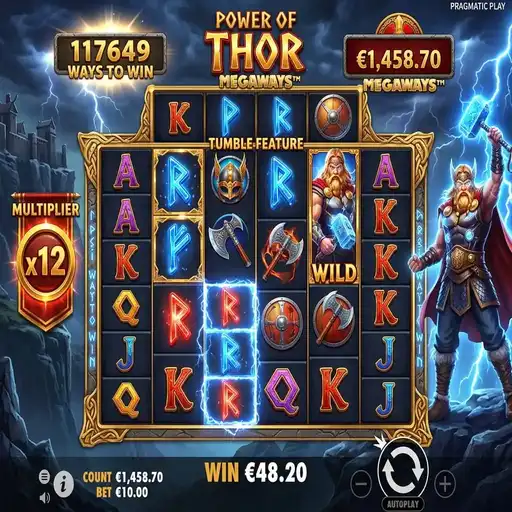 Power of Thor Megaways slot variable reel grid with Norse symbols and hammer effects