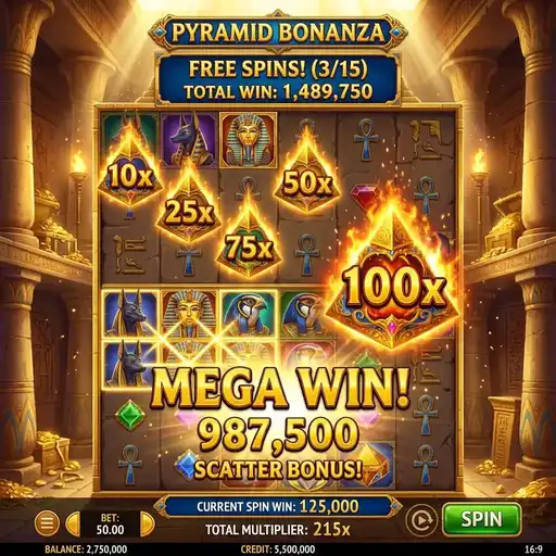 Pyramid Bonanza free spins multiplier building tumble cascade Egyptian artifacts golden pharaoh masks clusters