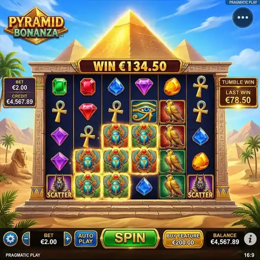 Pyramid Bonanza slot 6x5 grid pay anywhere tumble Egyptian pyramid theme Sweet Bonanza mechanic clone