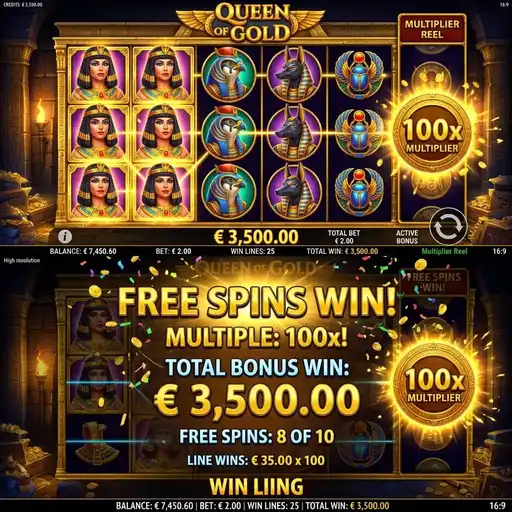 Queen of Gold bonus feature with multiplier reel values