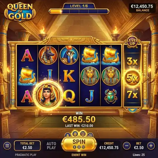 Queen of Gold slot showing 5x3 grid with sixth multiplier reel on Egyptian gold theme
