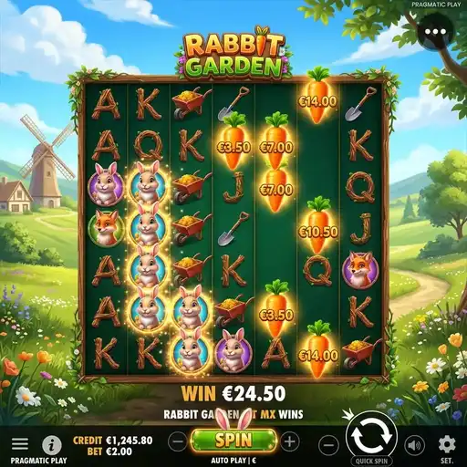 Rabbit Garden slot 5x4 grid with illustrated rabbit characters and pastel garden backdrop