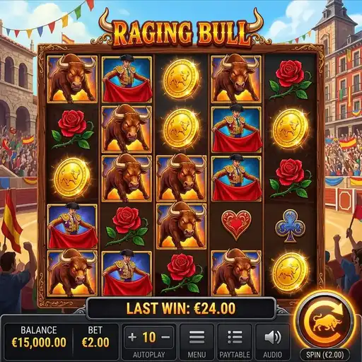 Raging Bull slot with bull charge wild trail on 5x4 rodeo themed grid