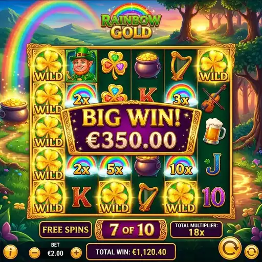 Rainbow Gold free spins with rainbow stage progression reaching green 8x multiplier