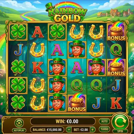 Rainbow Gold slot with 6x5 grid and Irish rainbow symbols