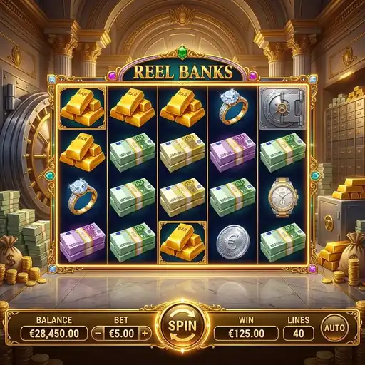 Reel Banks slot base game with vault symbols and 40 paylines