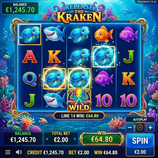 Release the Kraken base game with ocean monster symbols and 20 paylines