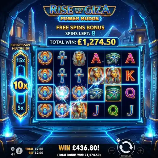 Rise of Giza PowerNudge free spins symbols nudging downward through rows Egyptian desert pyramid background