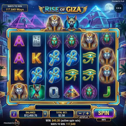 Rise of Giza PowerNudge slot 6x4 grid 4096 ways winning symbols nudge down persist Egyptian pyramids