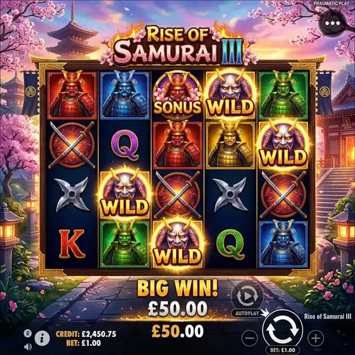Rise of Samurai III base game with samurai symbols and 40 fixed paylines