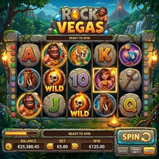 Rock Vegas slot base game with prehistoric casino symbols and 10 paylines