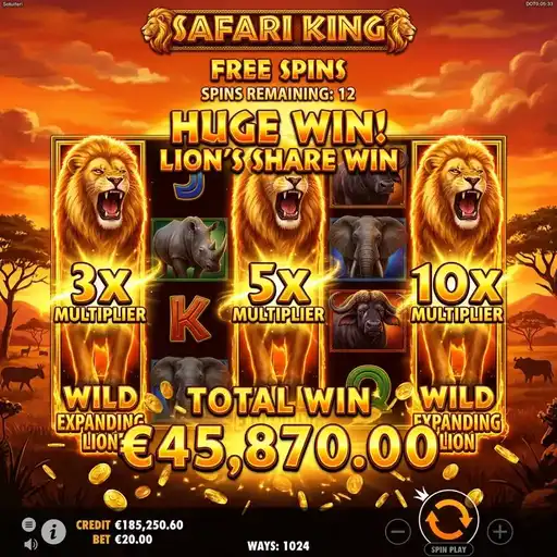 Safari King free spins feature with stacked wild symbols