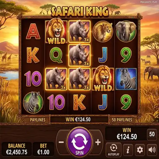 Safari King slot gameplay showing stacked wild symbols on the 5x4 safari grid