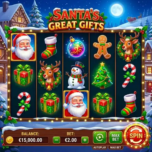 Santa's Great Gifts Hold and Respin with gift box symbols and Christmas village backdrop
