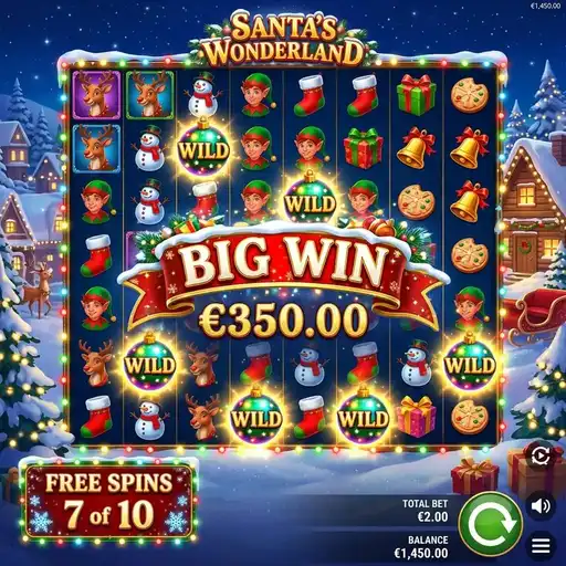Santa's Wonderland workshop bonus with elf toy building and prize reveal mechanic