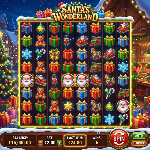 Santa's Wonderland slot base game with Christmas symbols and 25 paylines