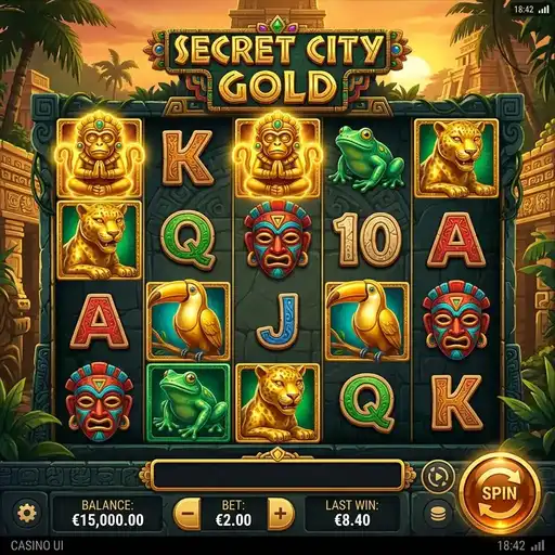 Secret City Gold base game with adventure symbols and 40 paylines