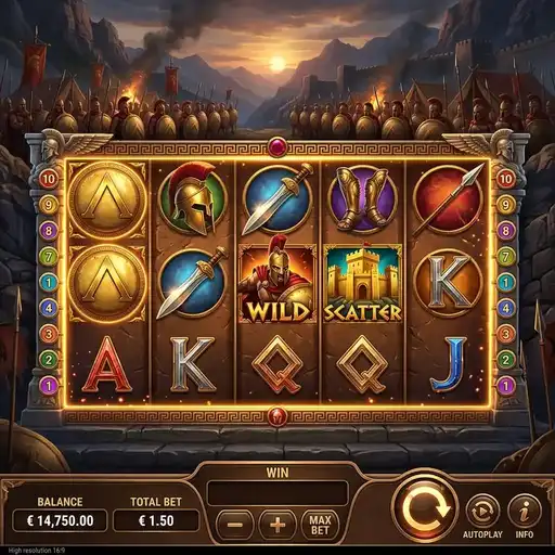 Shield of Sparta slot base game with Spartan warrior symbols and 25 paylines