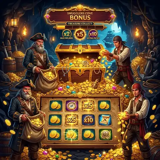 Smugglers Cove free spins smuggling route treasure map cache multiplier collection pirate cove