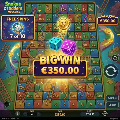 Snakes and Ladders Megadice board completion bonus with ladder advancement and prizes