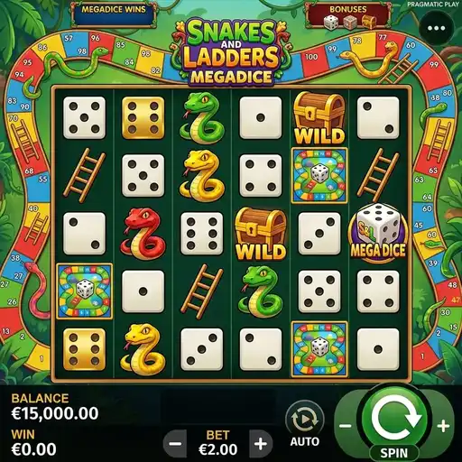 Snakes and Ladders Megadice slot with board game progression tracker and dice symbols