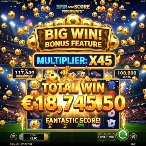 Spin and Score Megaways free spins with football bonus row multipliers active cascading wins sports stadium theme