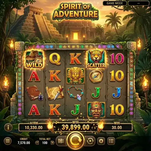 Spirit of Adventure base game with exploration symbols and 40 fixed paylines