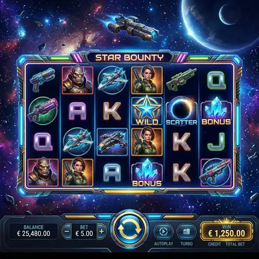 Star Bounty sci-fi slot with laser cannon win reveal mechanic and space bounty hunter theme