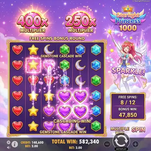 Starlight Princess 1000 free spins with 1000x multiplier symbols stacking on tumble cascades
