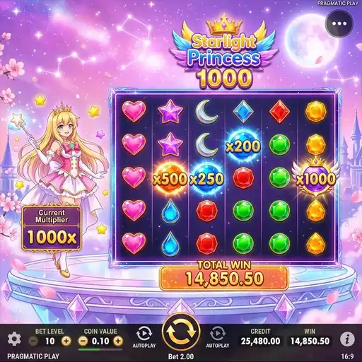 Starlight Princess 1000 slot 6x5 grid with anime character and multiplier symbols on pastel fantasy backdrop