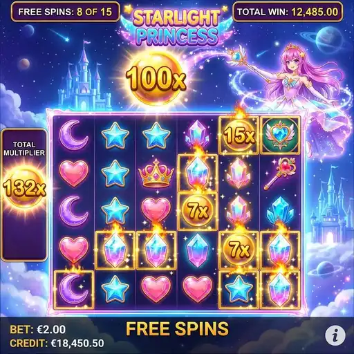 Starlight Princess slot free spins bonus with multiplier orbs and star effects