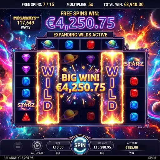 Starz Megaways free spins with expanding wild covering full reel cash prize symbols and progressive multiplier trail active