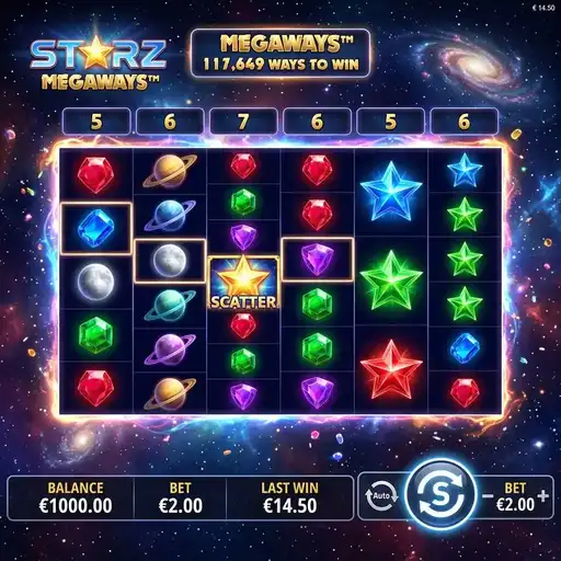 Starz Megaways slot 6 reel variable grid 117649 ways space theme expanding wilds and cash prize symbols