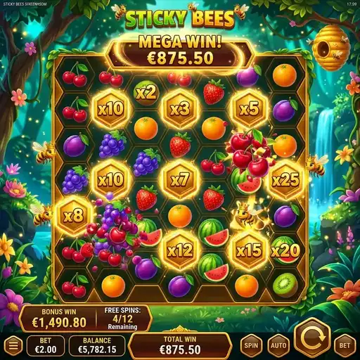 Sticky Bees free spins with sticky wilds and cluster wins