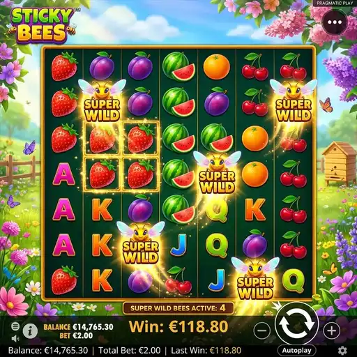 Sticky Bees slot 5x5 cluster pays grid with sticky wild bees remaining on grid across spins