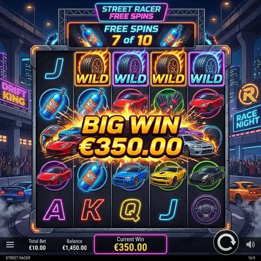 Street Racer free spins with fourth gear 10x multiplier active and blurred speed background