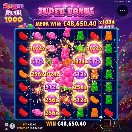 Sugar Rush 1000 super bonus round with stacked 1024x multiplier spots on 7x7 candy grid