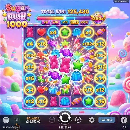 Sugar Rush 1000 slot 7x7 grid with cluster pay mechanics and candy multiplier spots